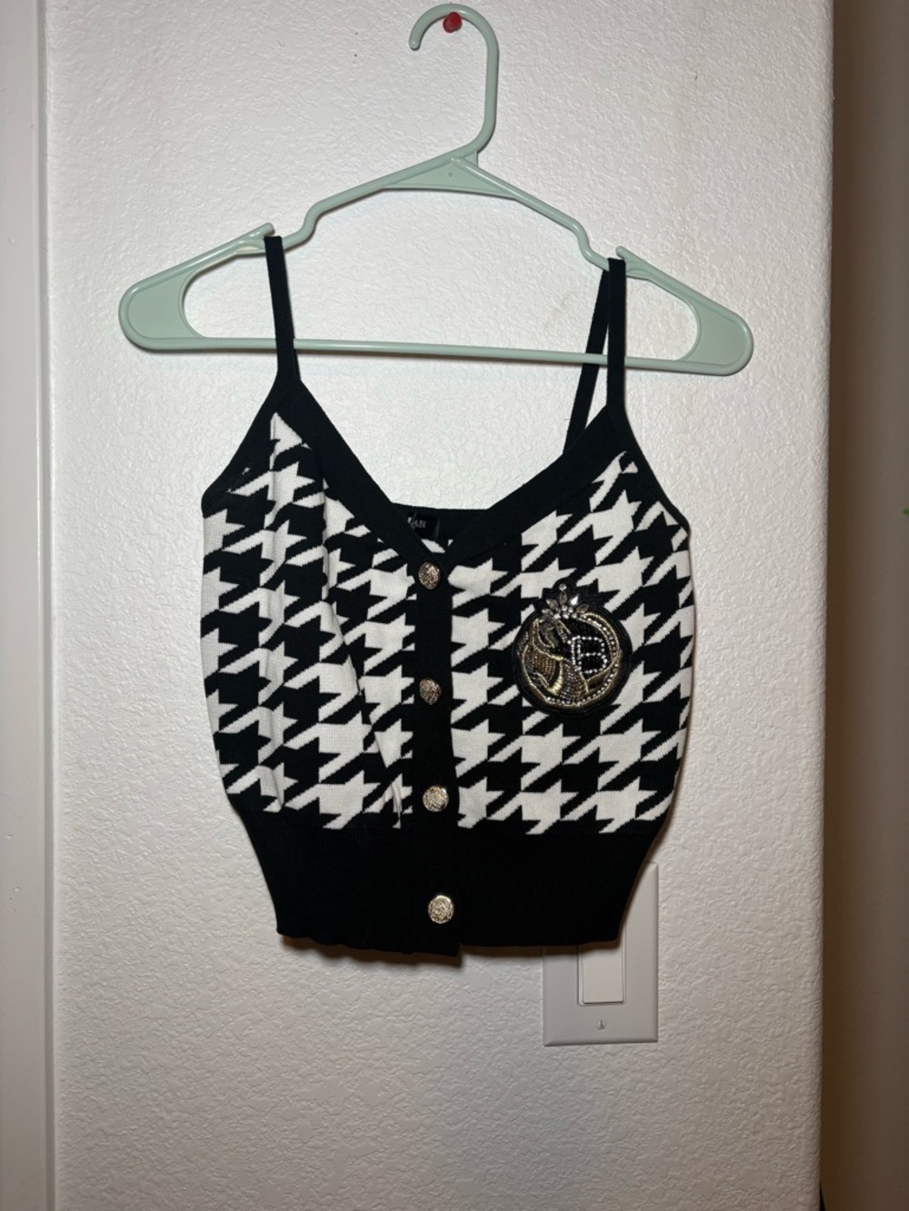 Balmain Black and White Houndstooth Camisole with Embellished Crest